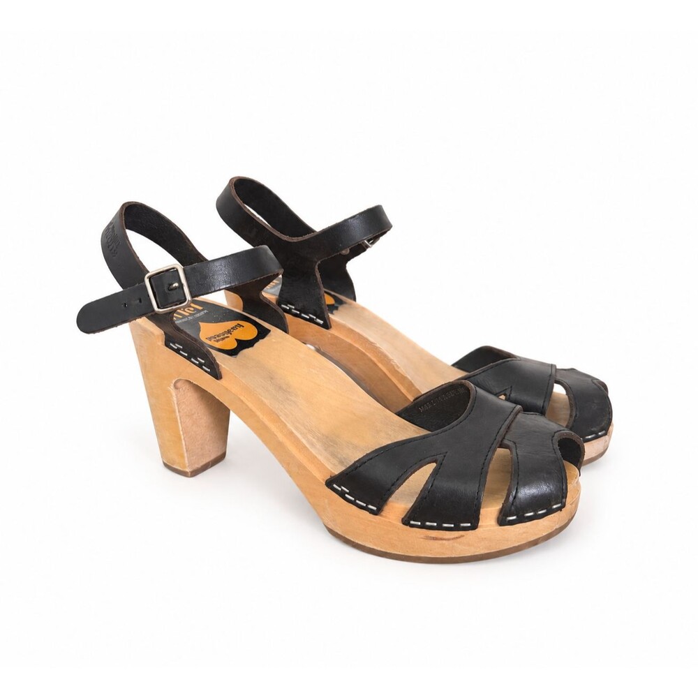 Swedish Hasbeens Toffel Black Leather Wood Clog Sandals Boho Womens 39 US 9